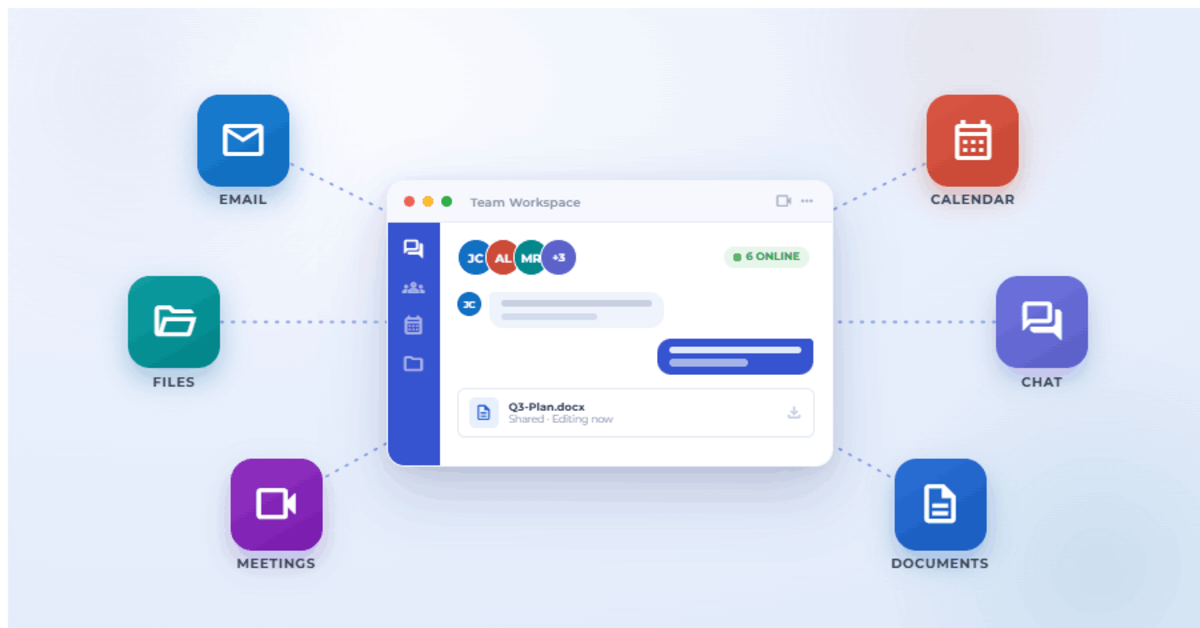 Illustration of a Microsoft 365 style team workspace connected to email, calendar, files, chat, meetings, and documents
